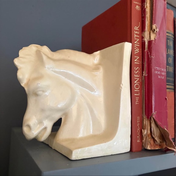 Vintage Art Deco Cream Ceramic Horse Head Bookends Equestrian Library Decor - Picture 3 of 3